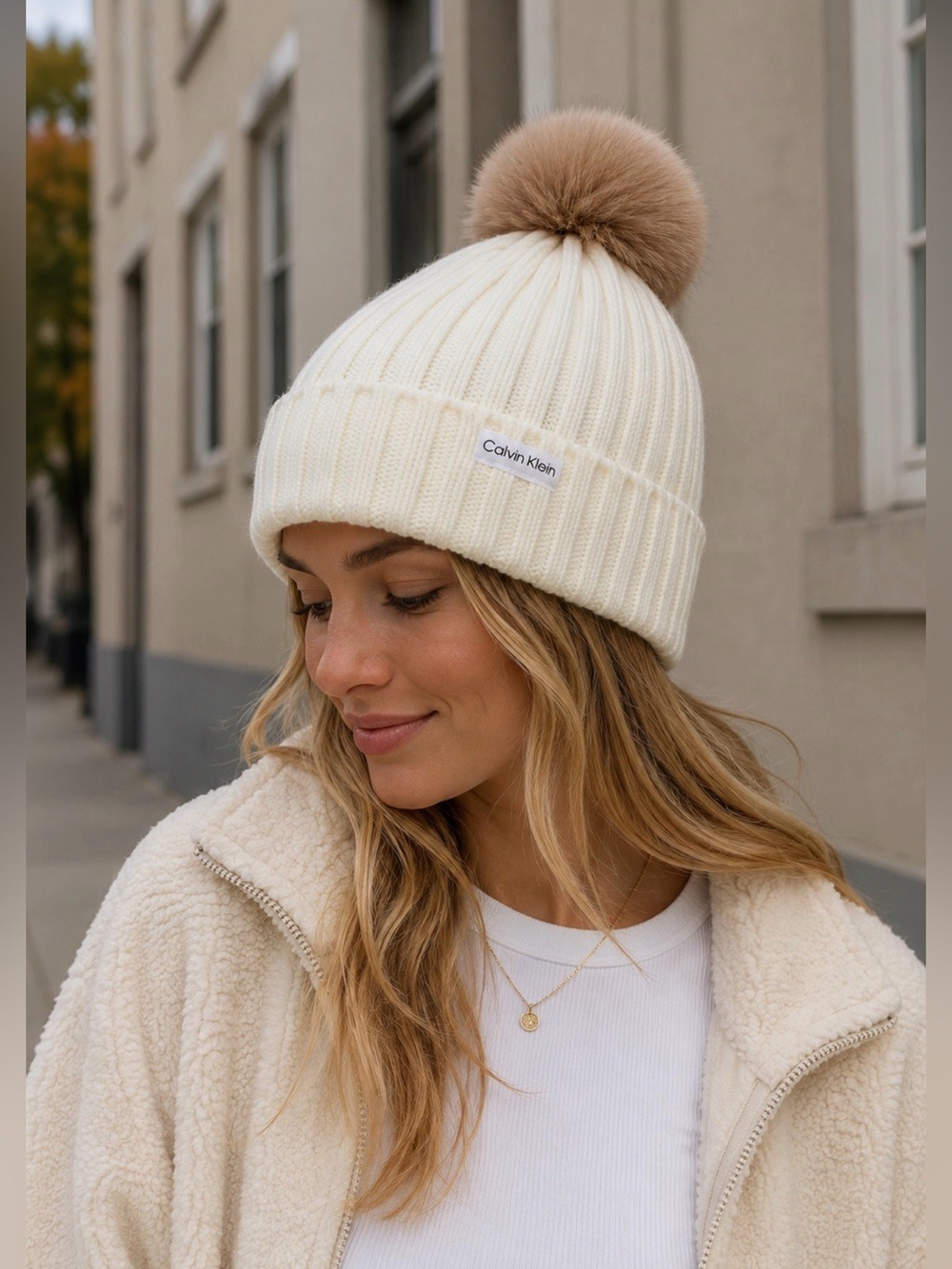 Calvin Klein Cream Rib Knit Faux Fur Pom Beanie Winter Chalet Quiet Luxury Hat
